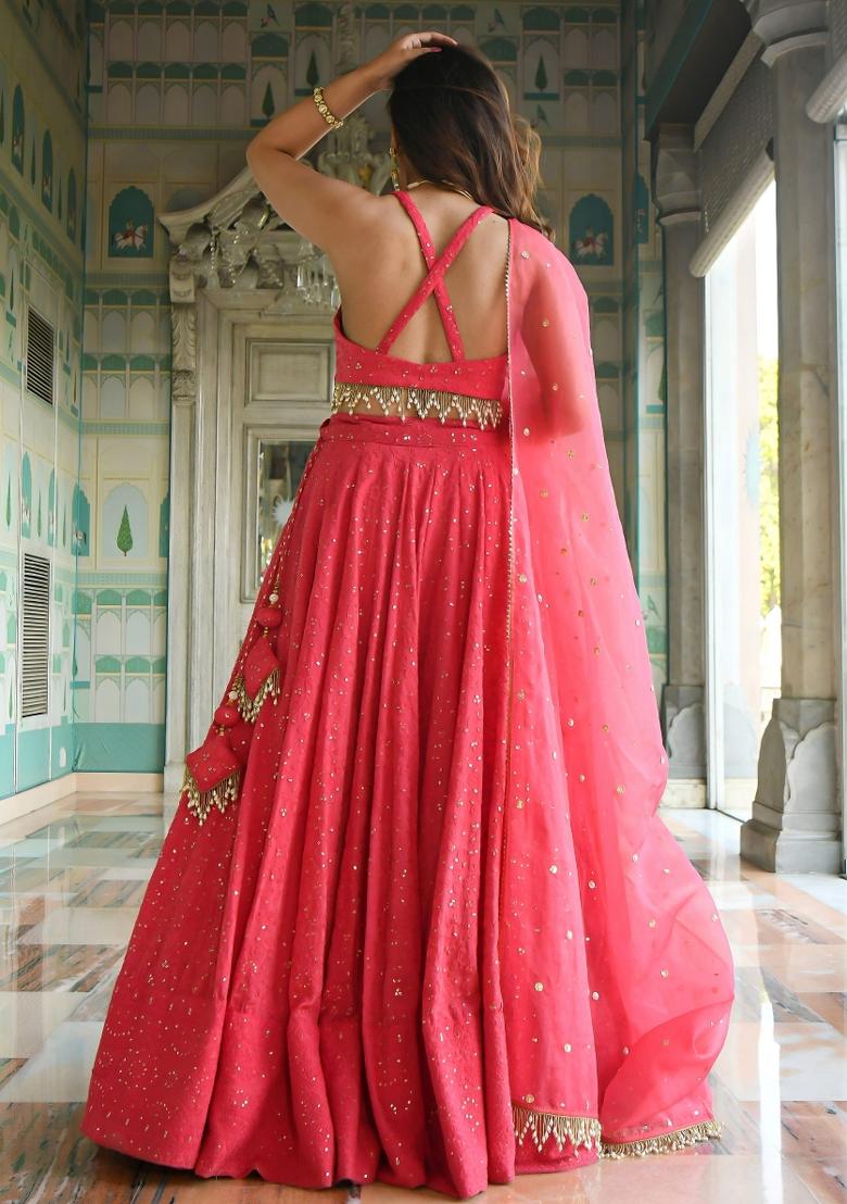 Pink Sequin Work Georgette Lehenga Set - Indya