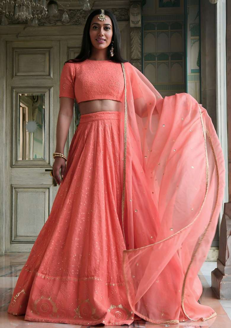 Peach Sequin Work Georgette Lehenga Set - Indya