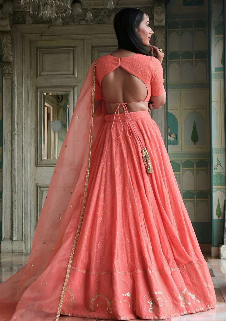 Peach Sequin Work Georgette Lehenga Set - Indya