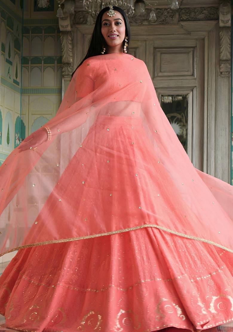 Peach Sequin Work Georgette Lehenga Set - Indya