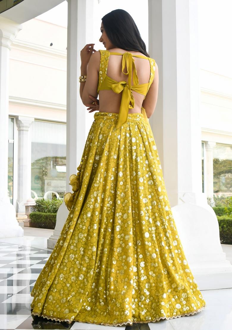 Olive Sequin Work Georgette Lehenga Set - Indya