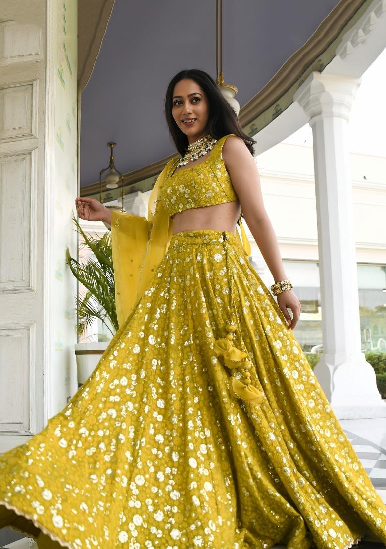 Olive Sequin Work Georgette Lehenga Set - Indya