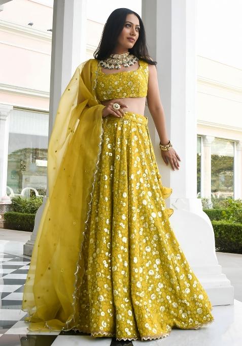 Olive Sequin Work Georgette Lehenga Set