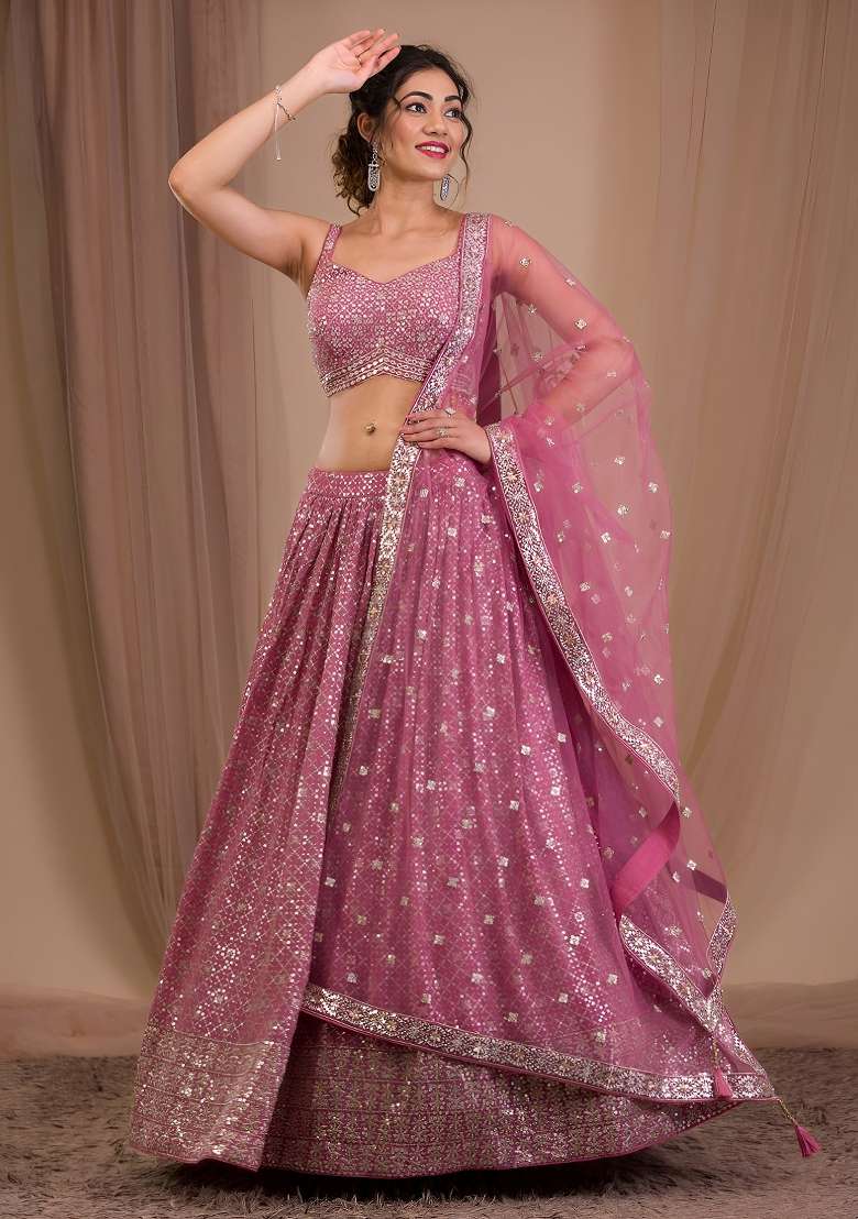 Pink Work Georgette Lehenga Set with Sequin for Diwali | Wedding & Festive Wear - Indya