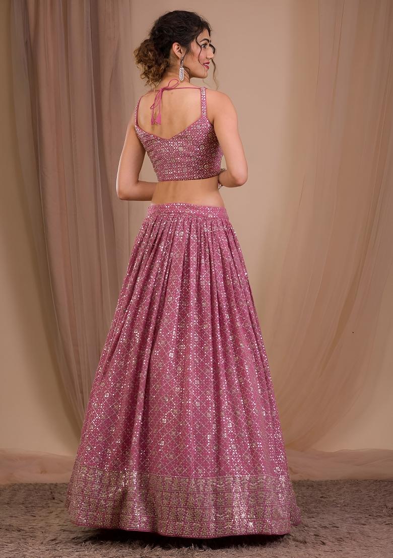 Pink Sequin Work Georgette Lehenga Set - Indya
