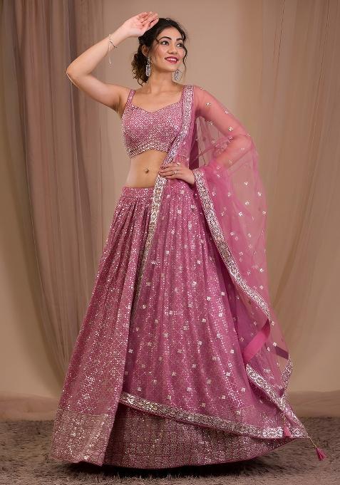Pink Sequin Work Georgette Lehenga Set