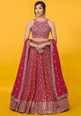 Red Sequin Work Georgette Lehenga Set