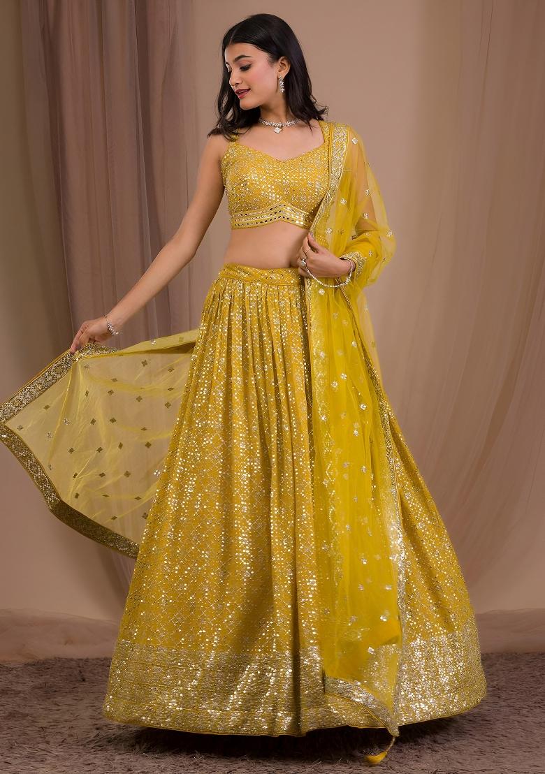 Yellow Sequin Work Georgette Lehenga Set - Indya