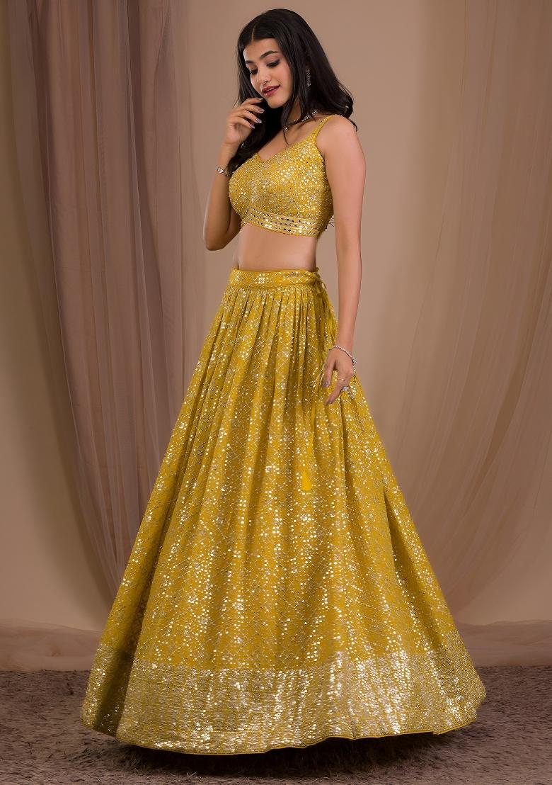 Yellow Sequin Work Georgette Lehenga Set - Indya