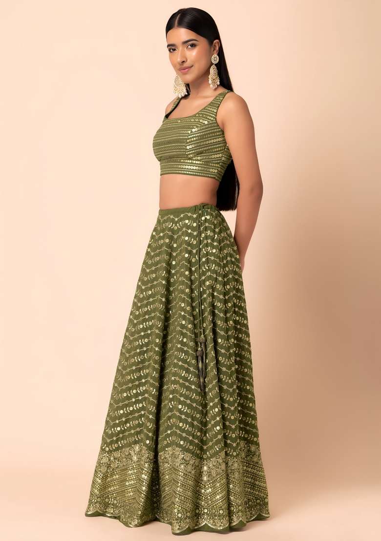 Green Work Georgette Lehenga Set with Sequin for Diwali | Wedding & Festive Wear - Indya