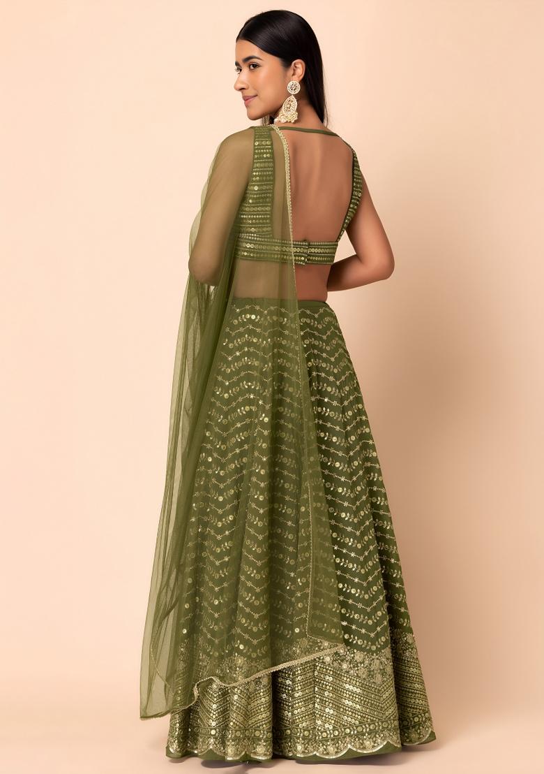 Green Sequin Work Georgette Lehenga Set - Indya