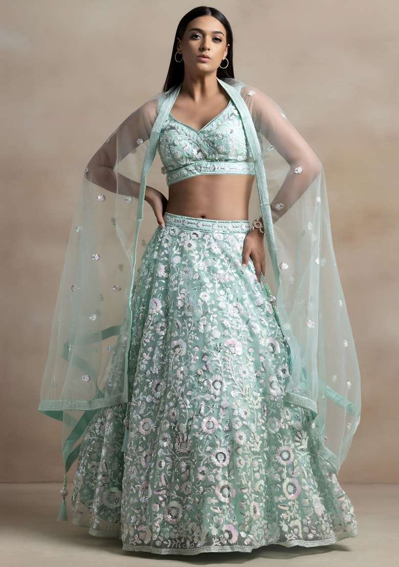 Blue Sequin Work Net Lehenga Set for Diwali and Festive Wear - Indya