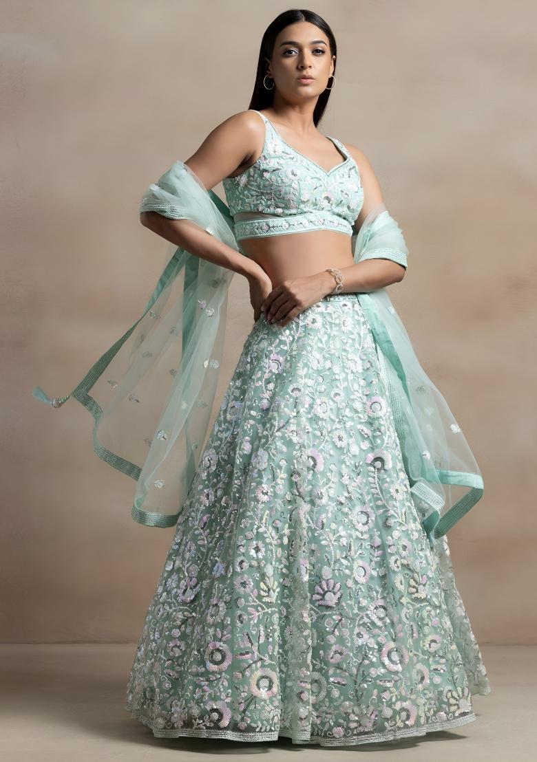 Blue Sequin Work Net Lehenga Set - Indya