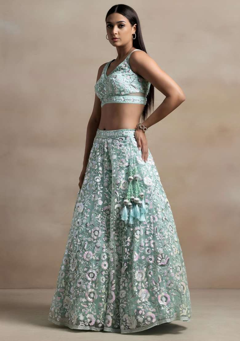 Blue Sequin Work Net Lehenga Set for Diwali and Festive Wear - Indya