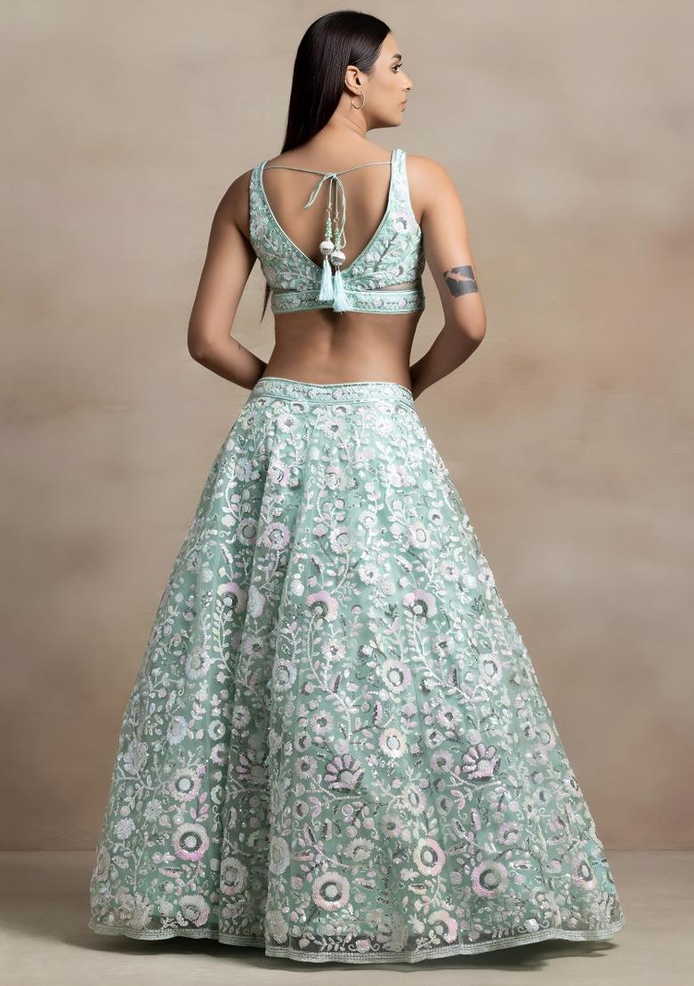 Blue Sequin Work Net Lehenga Set - Indya