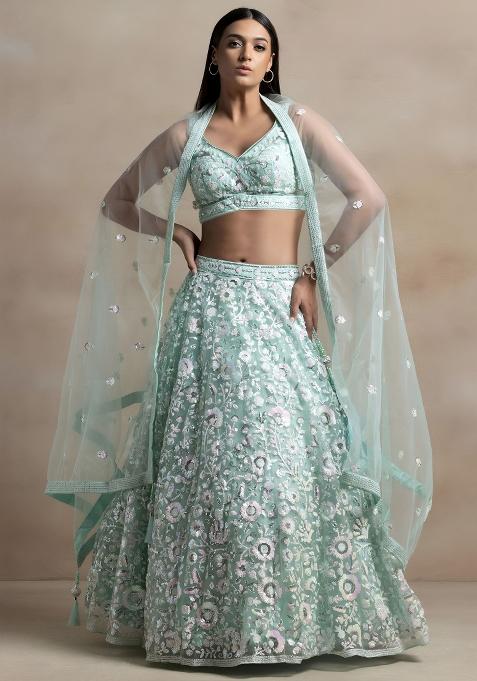 Blue Sequin Work Net Lehenga Set