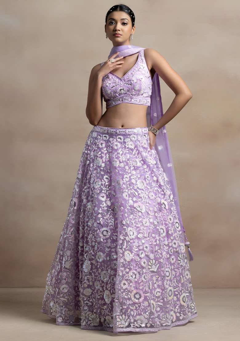 Lavender Work Net Lehenga Set with Sequin for Diwali | Wedding & Festive Wear - Indya