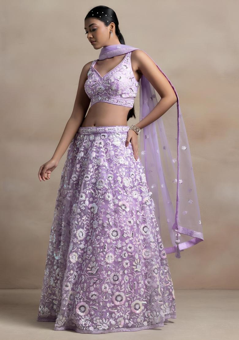 Lavender Sequin Work Net Lehenga Set - Indya