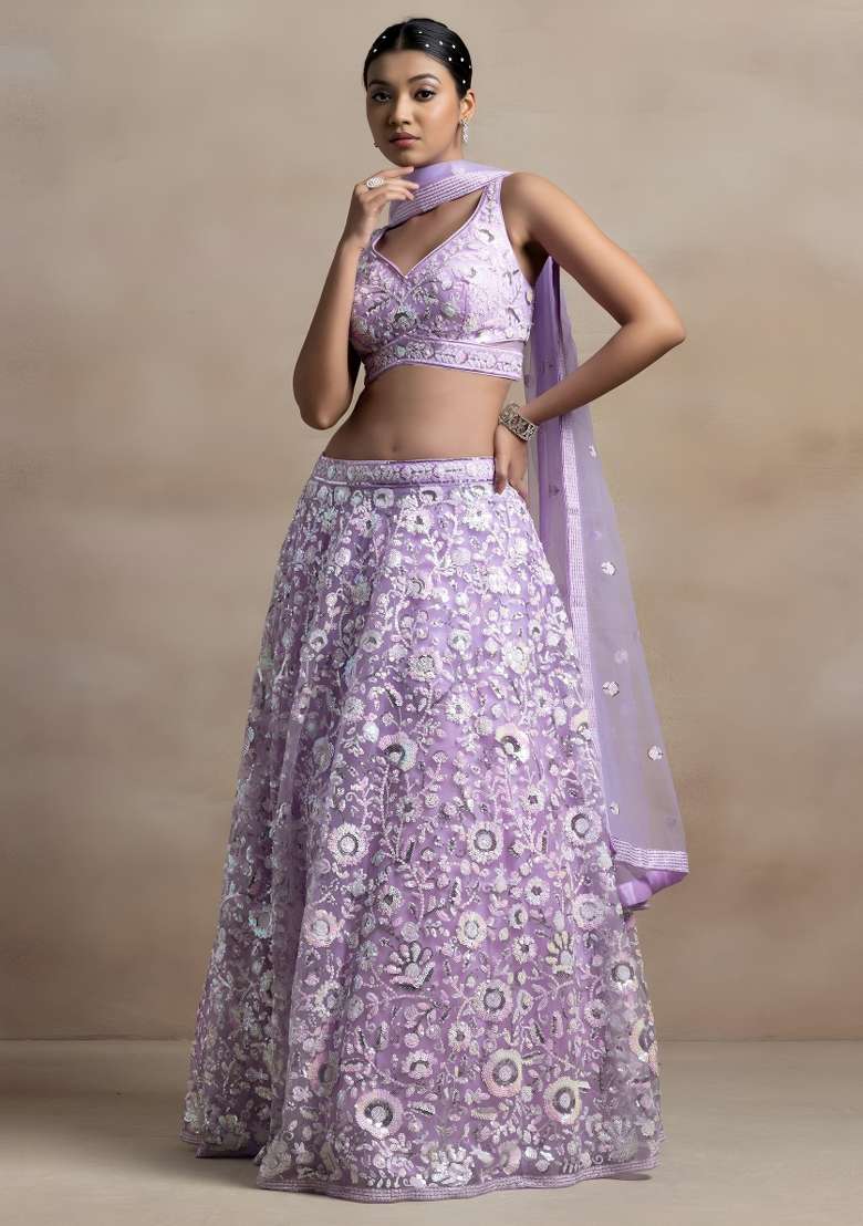 Lavender Work Net Lehenga Set with Sequin for Diwali | Wedding & Festive Wear - Indya