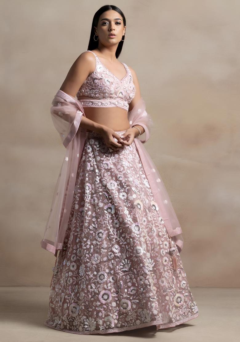 Pink Sequin Work Net Lehenga Set - Indya