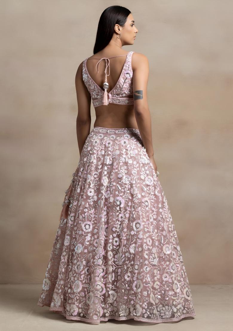 Pink Sequin Work Net Lehenga Set - Indya