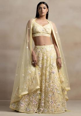 Yellow Sequin Work Net Lehenga Set