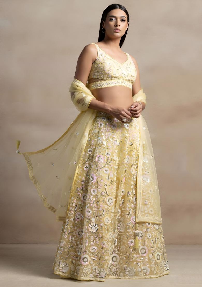 Yellow Sequin Work Net Lehenga Set - Indya