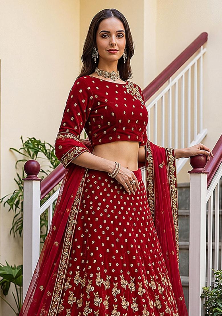 Red Sequin Work Velvet Lehenga Set - Indya
