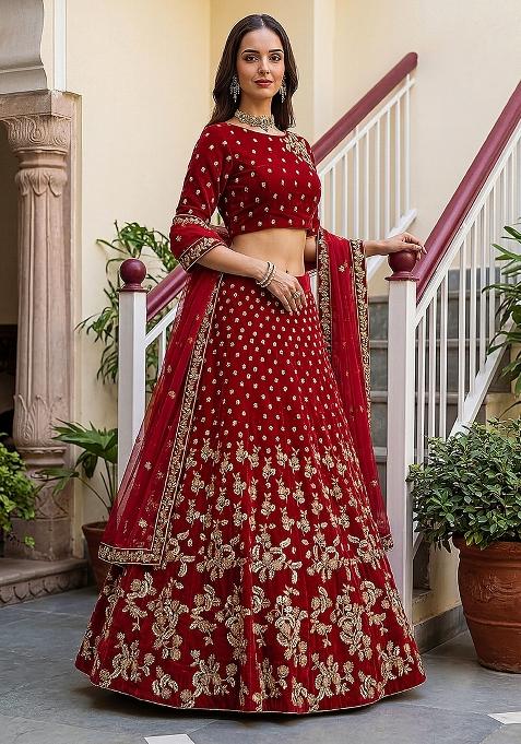 Red Sequin Work Velvet Lehenga Set