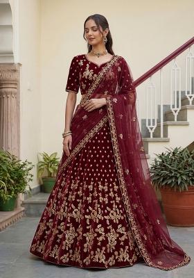 Maroon Sequin Work Velvet Lehenga Set
