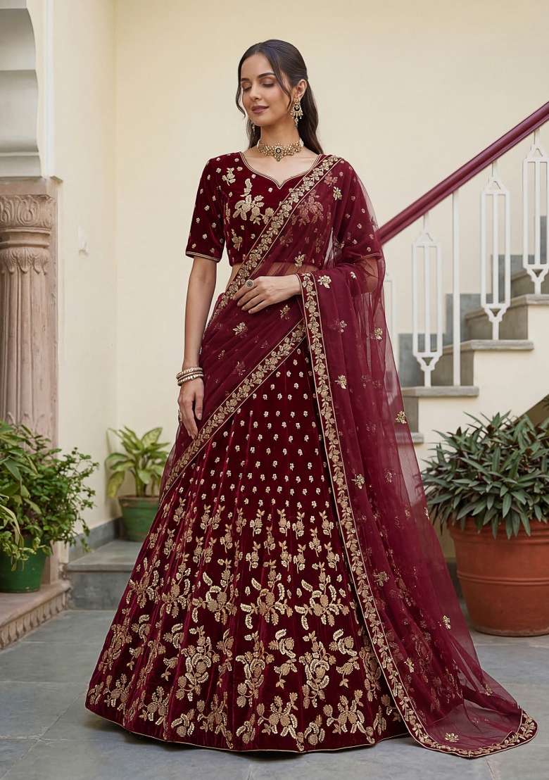 Maroon Sequin Work Velvet Lehenga Set - Indya