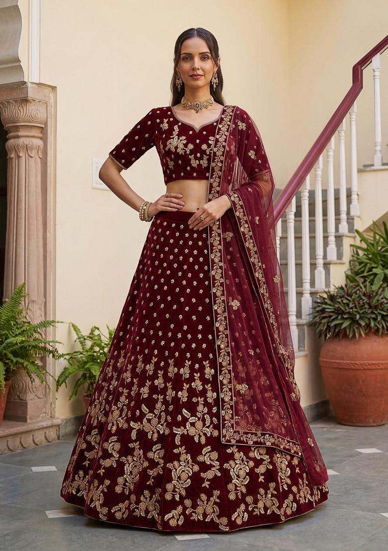 Maroon Sequin Work Velvet Lehenga Set - Indya