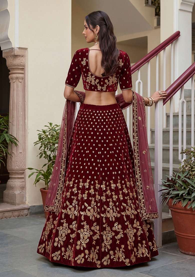 Maroon Sequin Work Velvet Lehenga Set - Indya