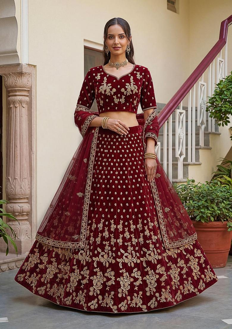 Maroon Sequin Work Velvet Lehenga Set - Indya