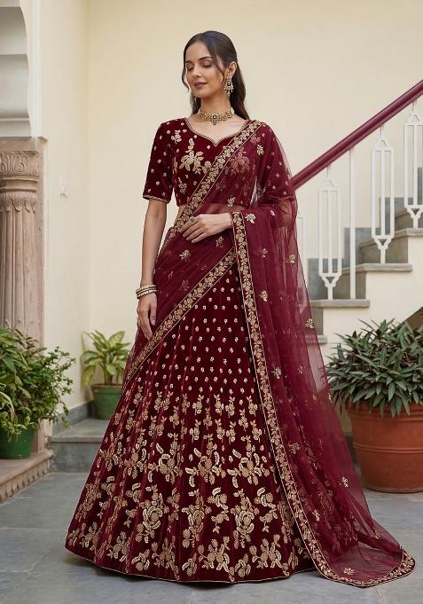 Maroon Sequin Work Velvet Lehenga Set