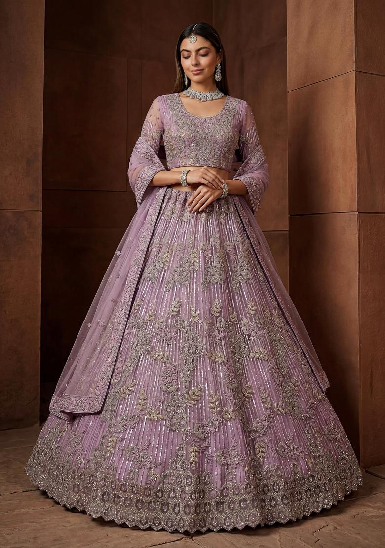 White Sequin Work Net Lehenga Set - Indya