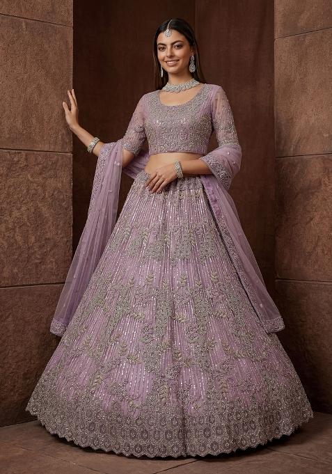White Sequin Work Net Lehenga Set