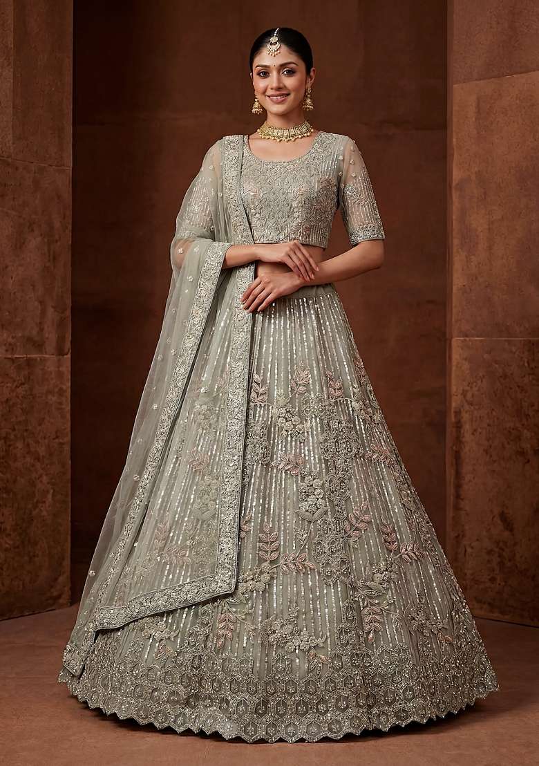 Purple Sequin Work Net Lehenga Set - Indya