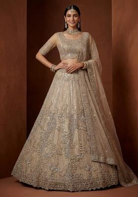 Golden Sequin Work Net Lehenga Set
