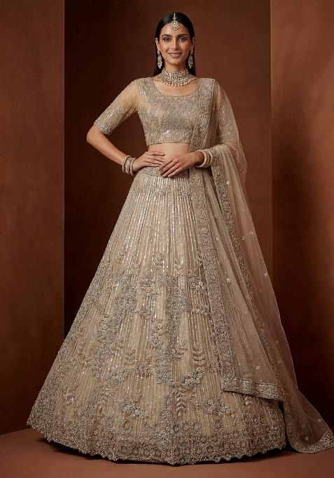 Golden Sequin Work Net Lehenga Set