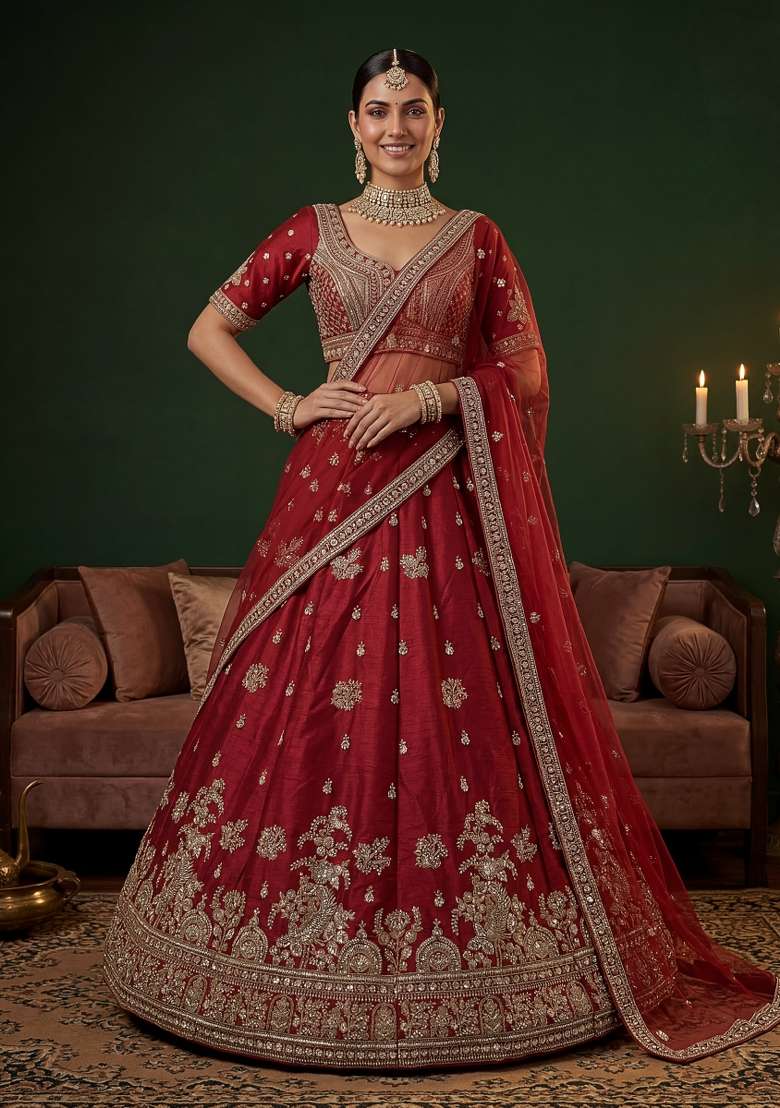 Maroon Sequin Work Silk Blend Lehenga Set - Indya