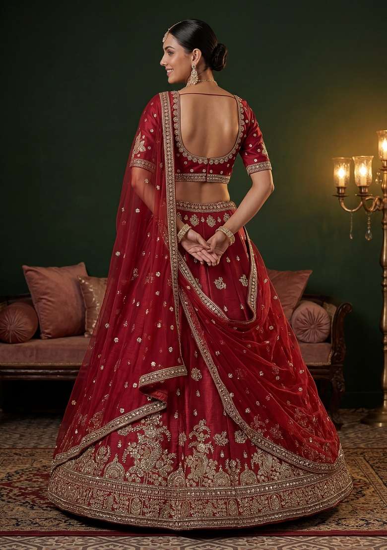 Maroon Sequin Work Silk Blend Lehenga Set - Indya