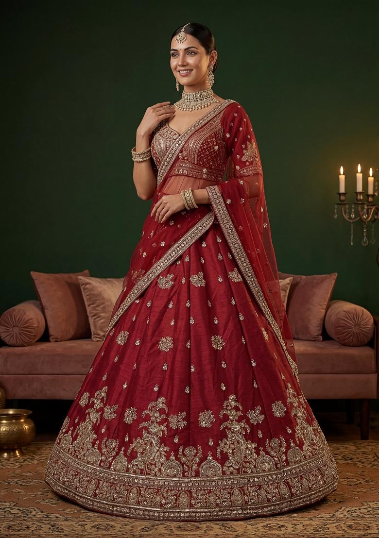 Maroon Sequin Work Silk Blend Lehenga Set - Indya