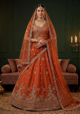 Orange Sequin Work Silk Blend Lehenga Set