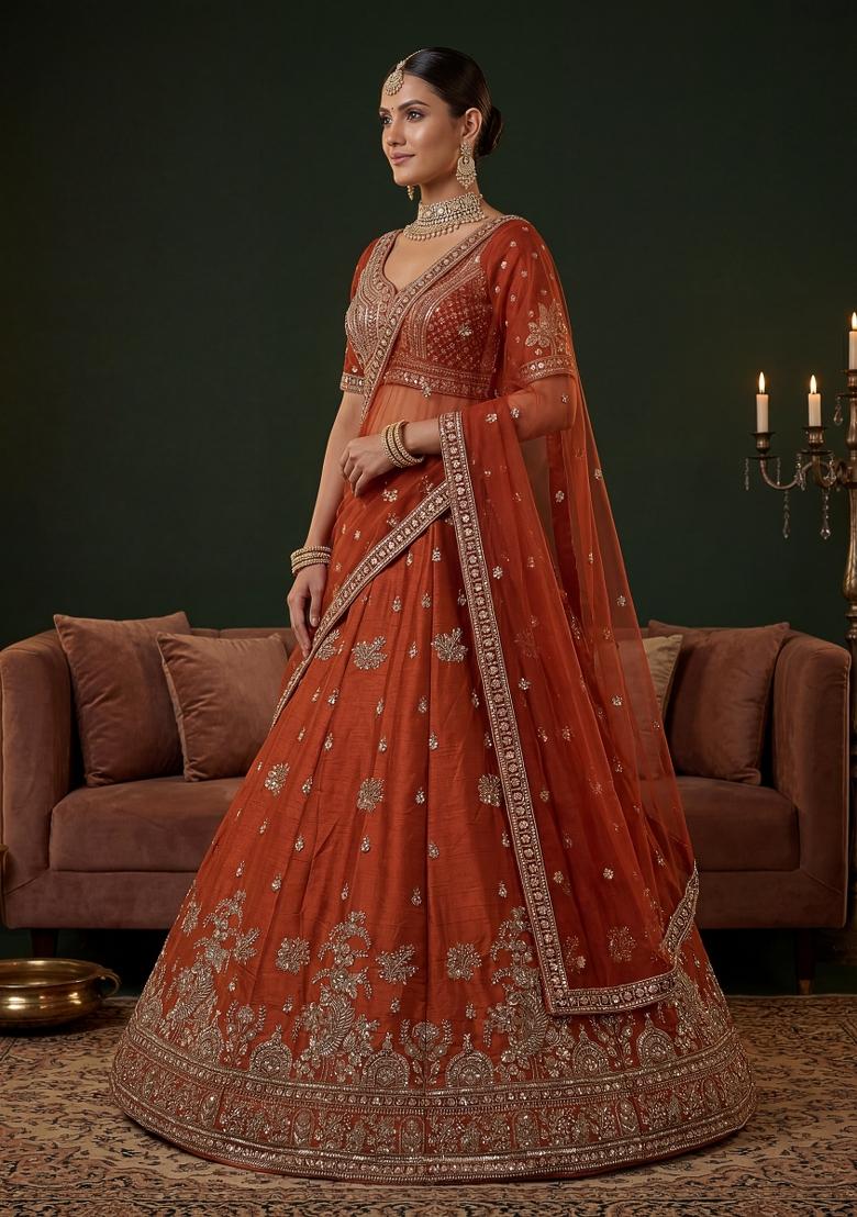 Orange Sequin Work Silk Blend Lehenga Set - Indya
