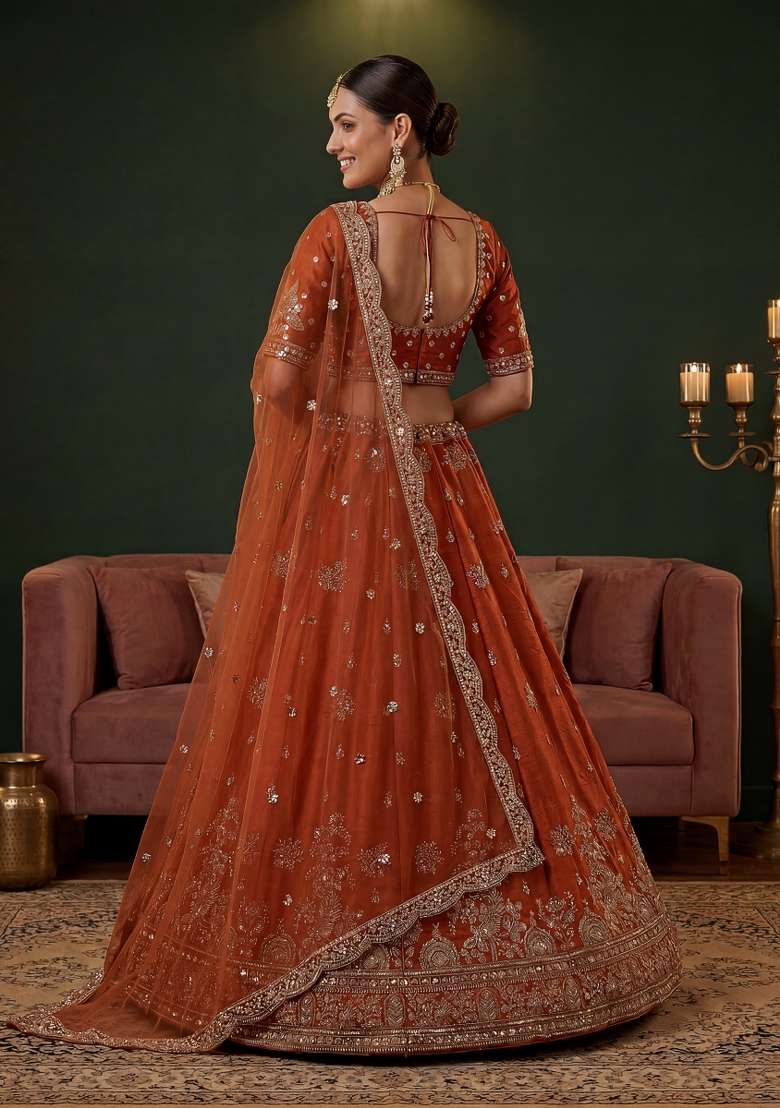 Orange Sequin Work Silk Blend Lehenga Set - Indya