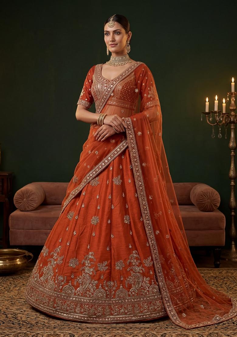 Orange Sequin Work Silk Blend Lehenga Set - Indya