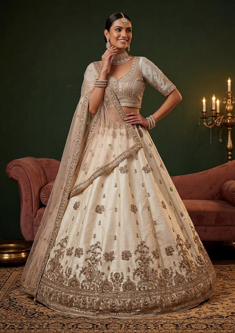 Off White Sequin Work Silk Blend Lehenga Set - Indya