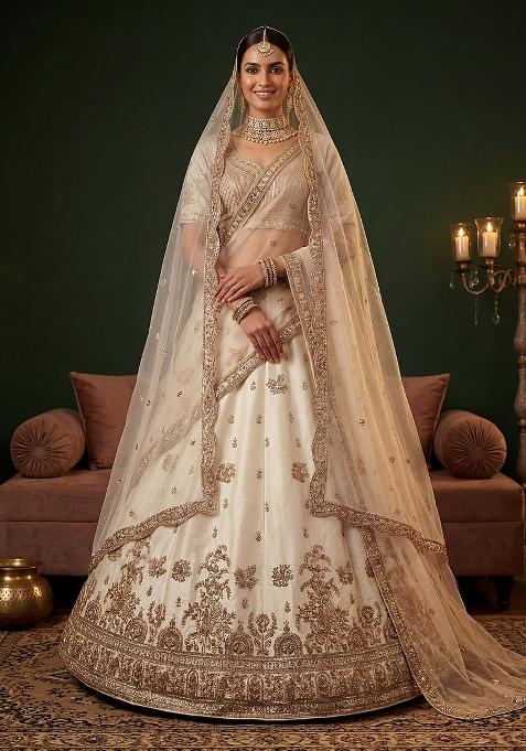 Off White Sequin Work Silk Blend Lehenga Set