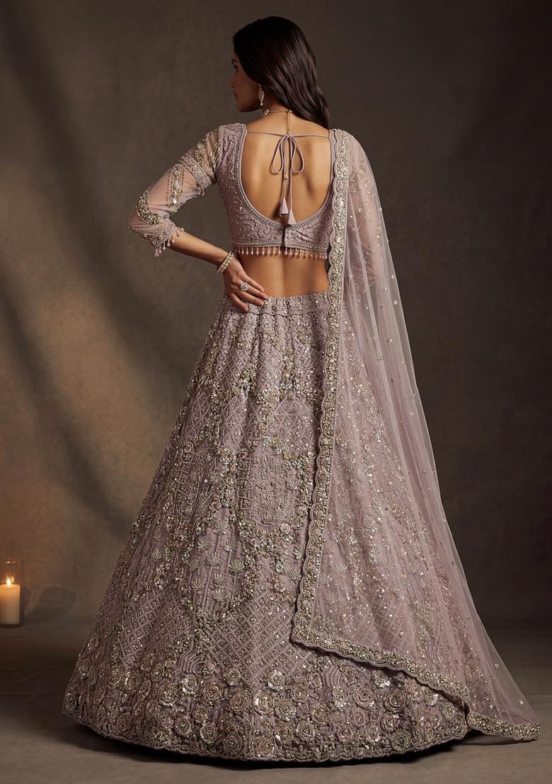 Lilac Sequin Work Net Lehenga Set - Indya